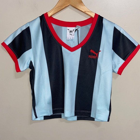 Puma x Dua Lipa Striped Cropped Jersey Shirt Blue Tops Womens 536637-89 NEW - Picture 2 of 10
